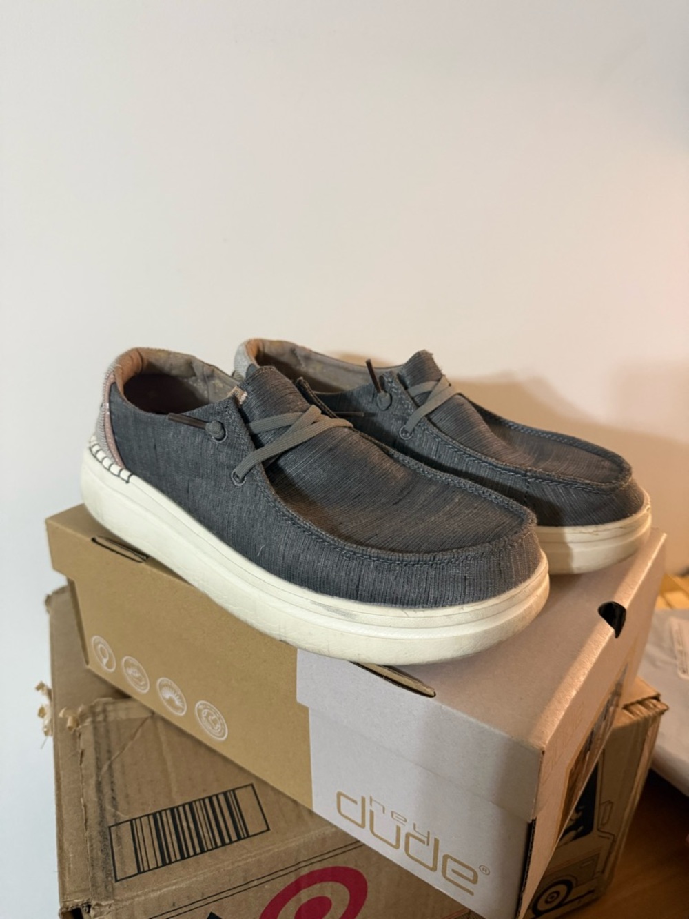 Hey Dude Women's Gray Linen Slip-On Platforms with Cream Sole